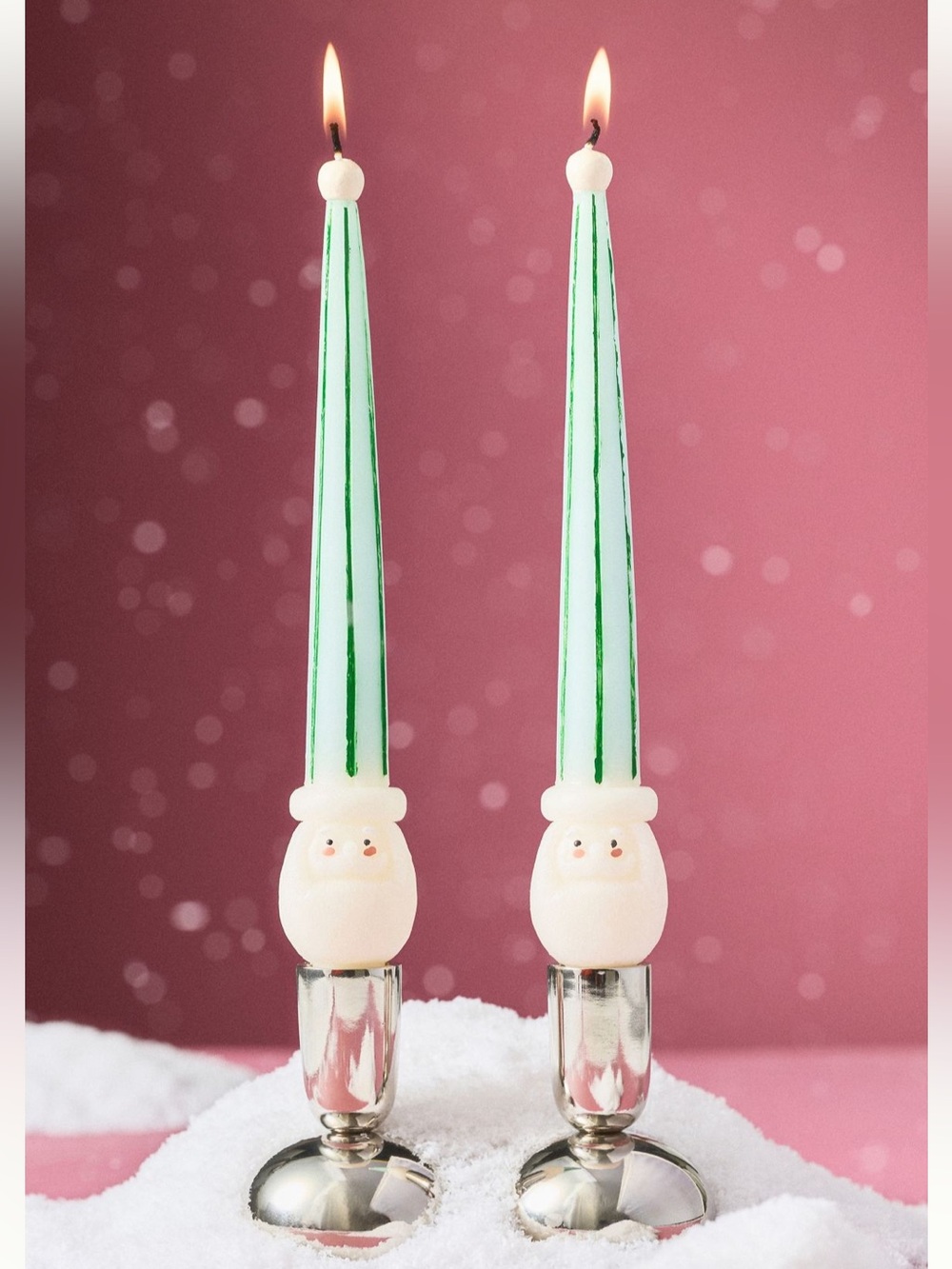 MSRP $36 Anthropologie The Santa Taper Candles, Set of 2 Green/White